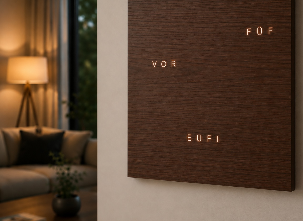 ÄRA F – Wortuhr aus Nussbaum-Furnier mit durchscheinender Lichtschrift